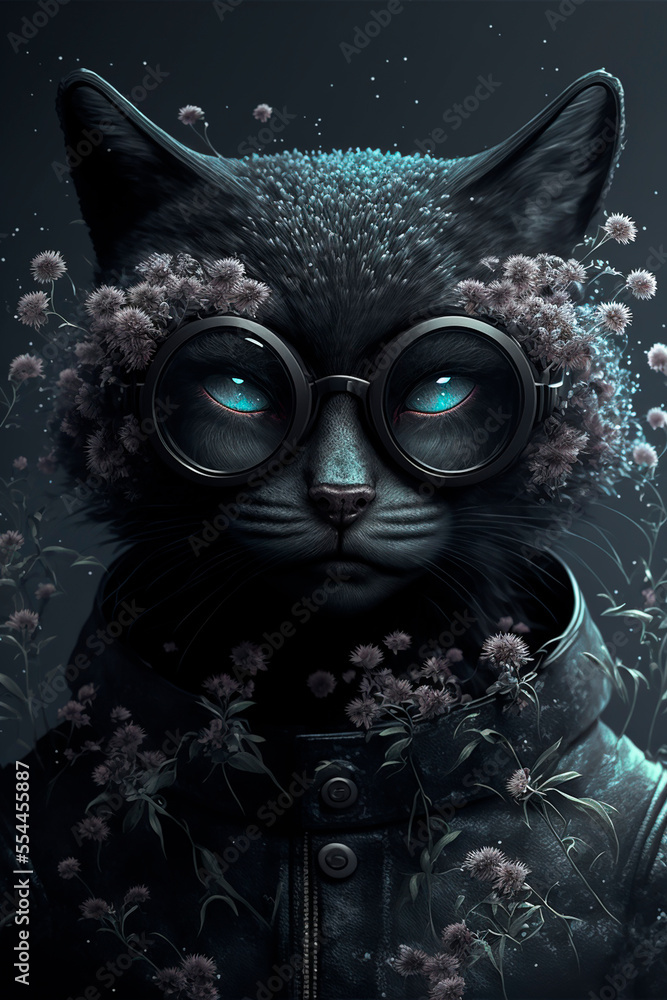 Obraz premium Cute black cat in futuristic 3d glasses.Portrait of a cat in the night light with flowers. Steampunk cat with glasses.Drawing cyberpunk painting.Digital designer art.Abstract surreal illustration.