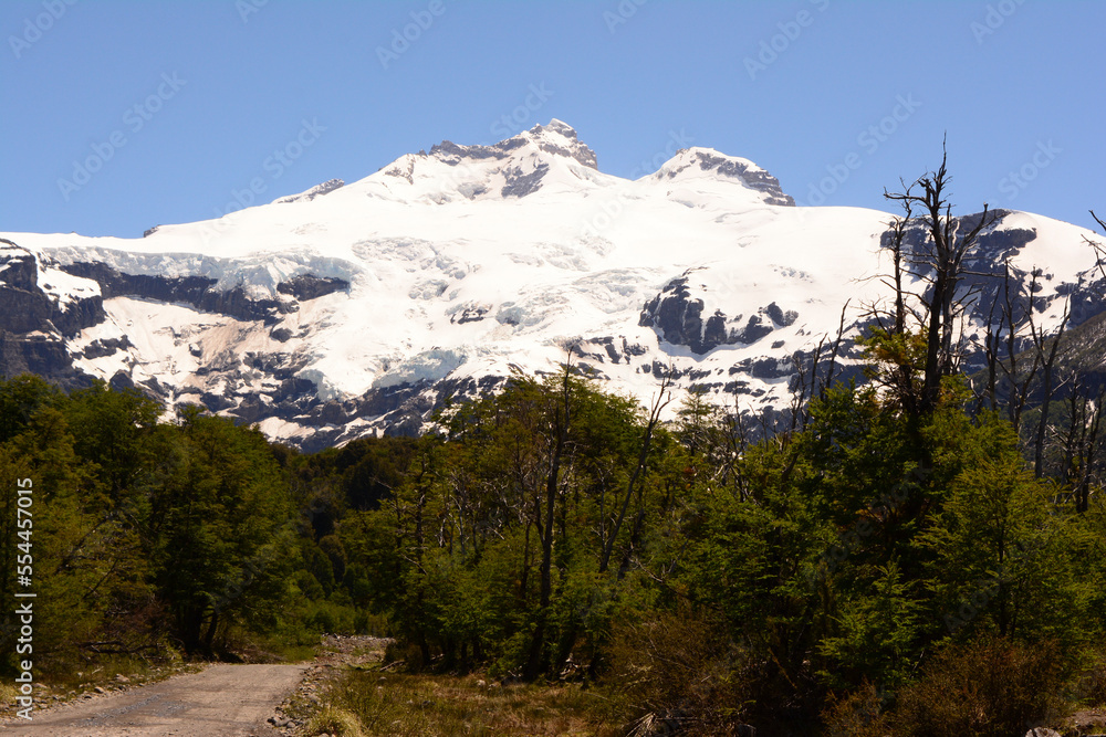 Tronador volcano hill, eternal snow mountain, view from the national park road near bariloche and route 40
