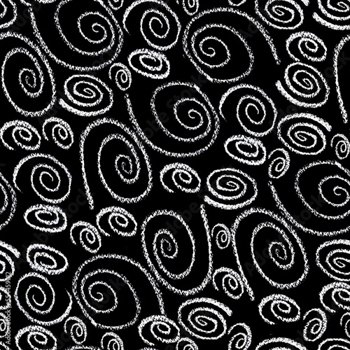 Seamless graphic pattern. Curls of various shapes on a dark background.