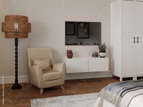 Modern armchair in a room with a floor lamp