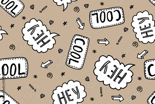 Vector seamless pattern with Hey cool lettering. Text background. Handwritten words, cute texture or wrapping paper. Girlish print for clothes, textiles or bedding. Black on beige