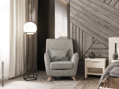 Modern armchair in a room with a floor lamp