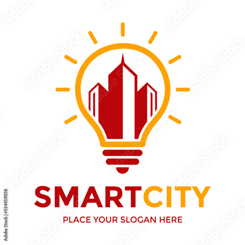 Smart city vector logo template. This design use bulb lamp and building symbol. Suitable for business industrial.