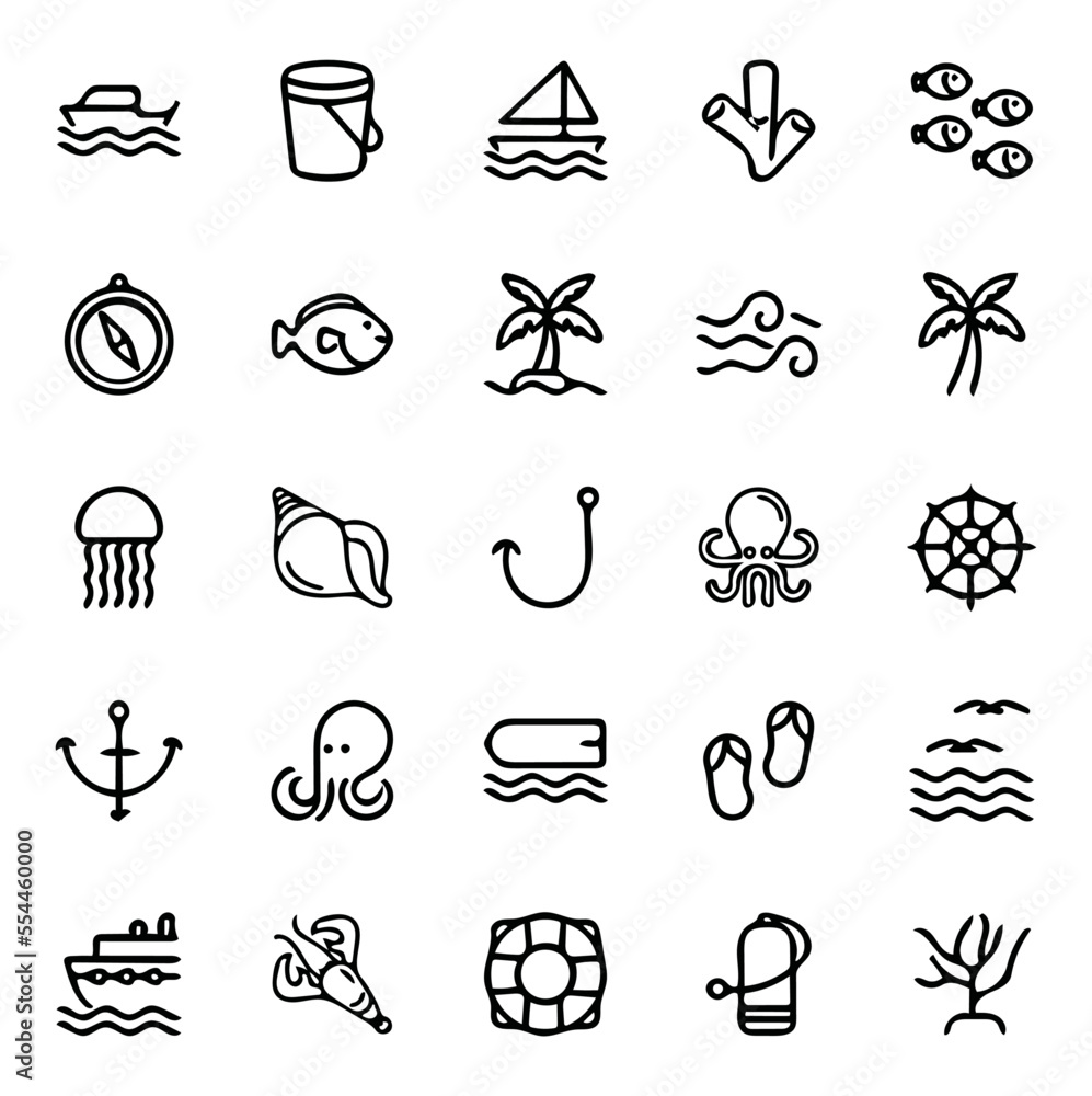 Fototapeta premium vector illustration, summer icon set. line icon. solid icon, hand drawn icon