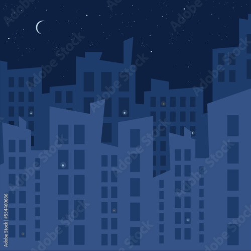 Night city blackout, vector illustration. Power outage. Cityscape with moon and skyscraper building silhouettes without electricity. Dark City.