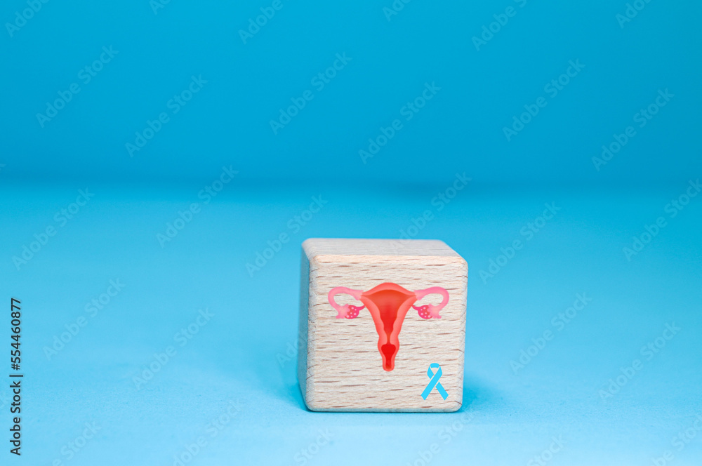 ovarian cancer day concept represented by icons on wooden cube blocks.
on blue background with copy space