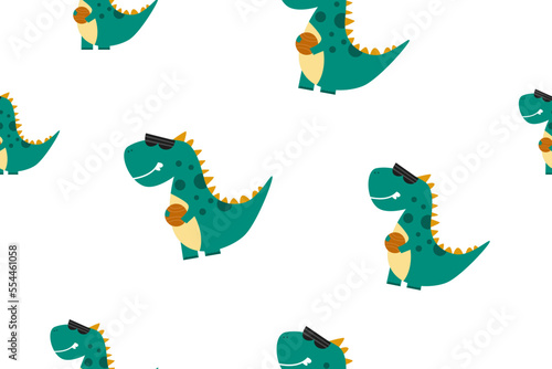 Vector cute pattern dino playing basketball concept design illustration