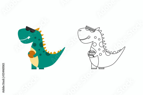 Vector cute coloring dino playing basketball concept design illustration