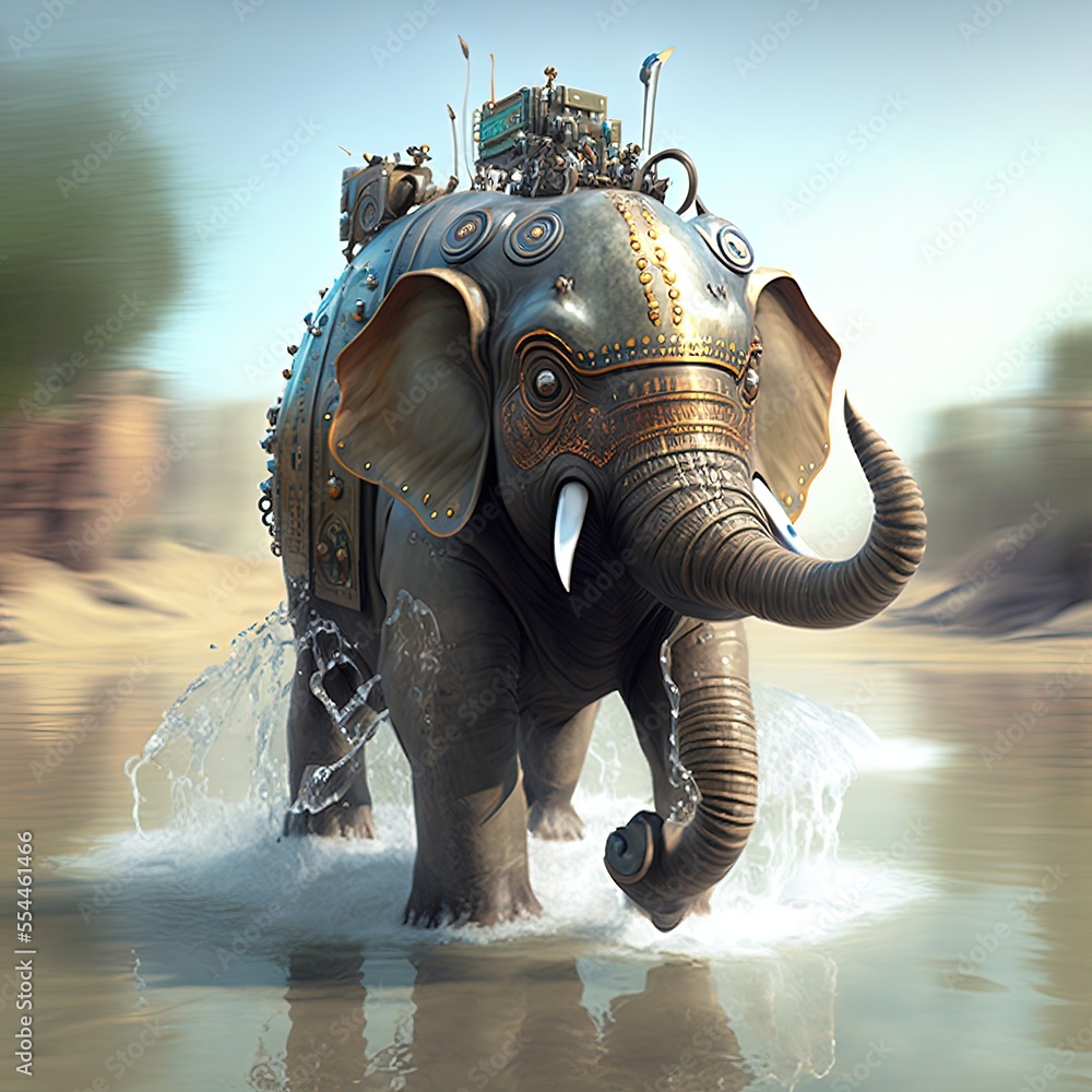 Armed war elephant, robot elephant in water, futuristic knight