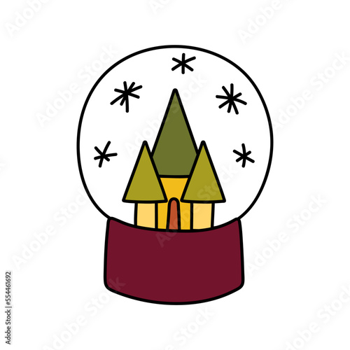 Doodle snow globe. Christmas, New Year's snow globe with a castle. Vector outline illustration
