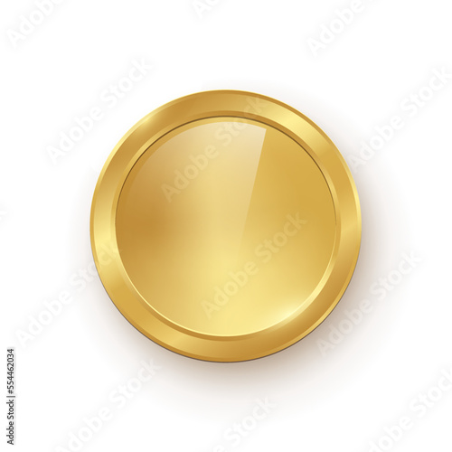 Gold coin vector illustration. 3d realistic golden money cash or treasure sign, isolated shiny medal or premium game prize, front view of metal coin with round border frame