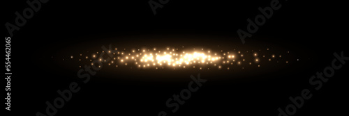 Magic ellipse gold dust glitter light effect vector illustration. 3d realistic flashes of energy spray shooting up and down on galaxy black background, shiny fire particles and oval