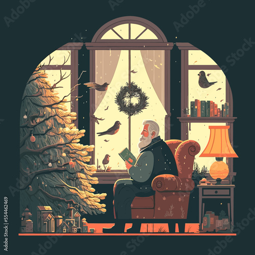 An old man sitting at the window in his living room decorated for Christmas. Birds are singing outside