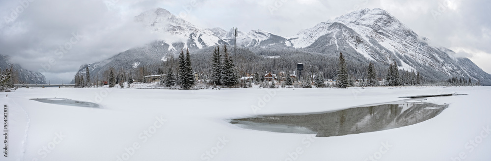 Distant panorama of the village of Field, British Columbia in Yoho National Park, British Columbia, Canada
