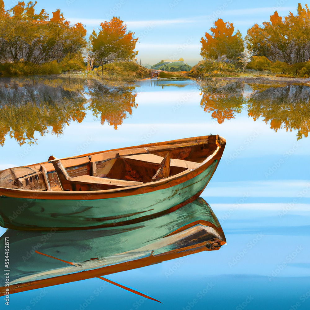 Wooden boat with reflection at calm lake and green forest on blue sky background. 