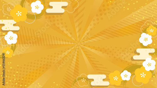 おめでたい和柄フレームと紙吹雪の舞う華やかな金色の放射背景　ワイド16:9