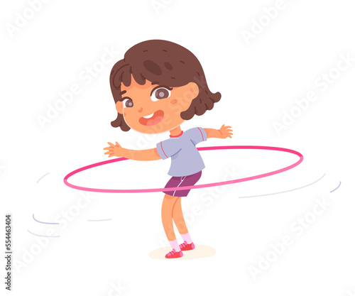 Cute girl twirling hula hoop around waist, active cute kid training with toy ring