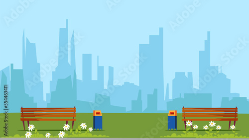 City park landscape, downtown cityscape with office buildings, lawn and empty benches