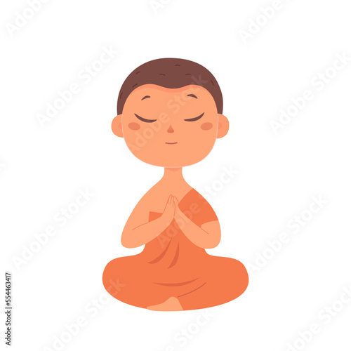 Cute monk meditating, Buddhist boy in orange robe sitting in lotus position to pray
