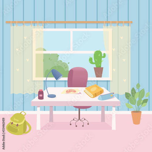 Good organization of kids place for study, clean home room with tidy table, window