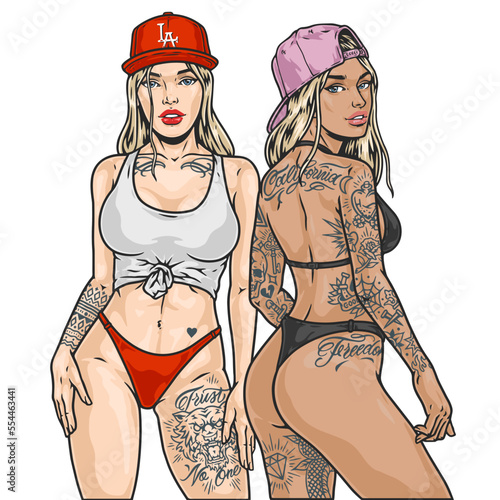 California tattoo girls colorful sketch