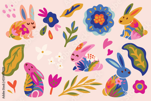 Adorable bunnies with floral elements in flat style. Bright nature elements in vector