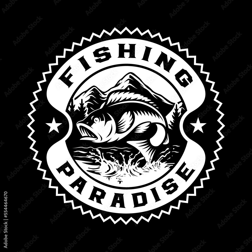 Vintage black and white vector fishing badge with perch fish