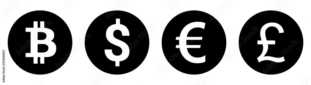 Dollar, euro, bitcoin, and pound currency icons set transparent. isolated set of exchange currency. Dollar, euro, bitcoin, and pound currency icons set transparent. isolated set of exchange currency.