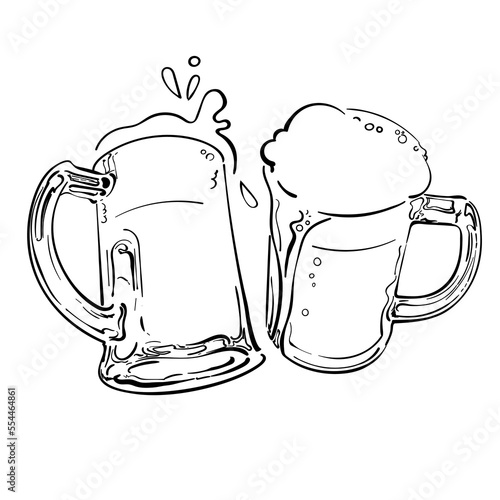Hand drawn sketch of two toasting beer mugs. Cheers. Black and white vector illustration.