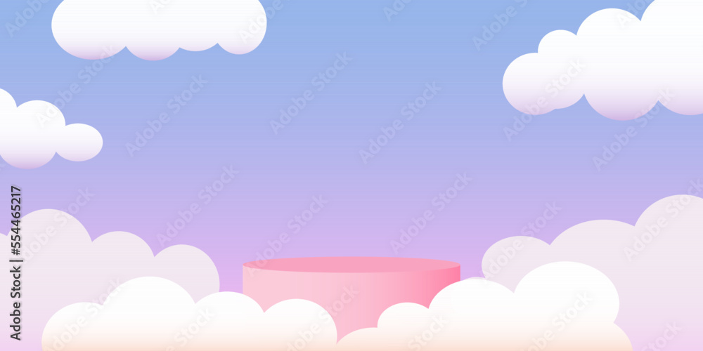 3D Vector Podium with pink color cylinder stand and white Clouds. Minimal scene for mockup product display for children on social media web design. Round stage showcase on blue Gradient background.