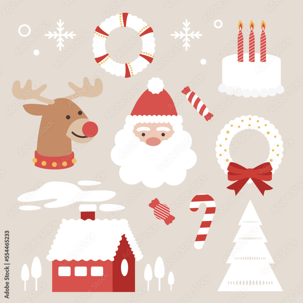 Collection of beautiful decorations for Christmas. Set of holiday ornaments. Figures of animals, Santa Claus, Xmas nature design. Colored vector illustration in flat cartoon style. Collection of beautiful decorations for Christmas. Set of holiday ornaments. Figures of animals, Santa Claus, Xmas nature design. Colored vector illustration in flat cartoon style.
