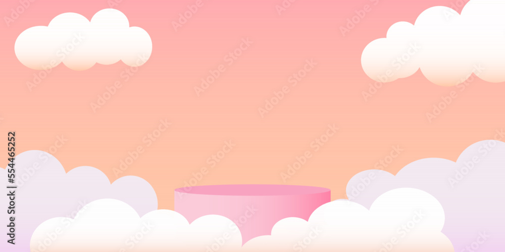 3D Vector Podium with pink color cylinder stand and white Clouds. Minimal scene for mockup product display for children on social media web design. Round stage showcase on Pink Gradient background.