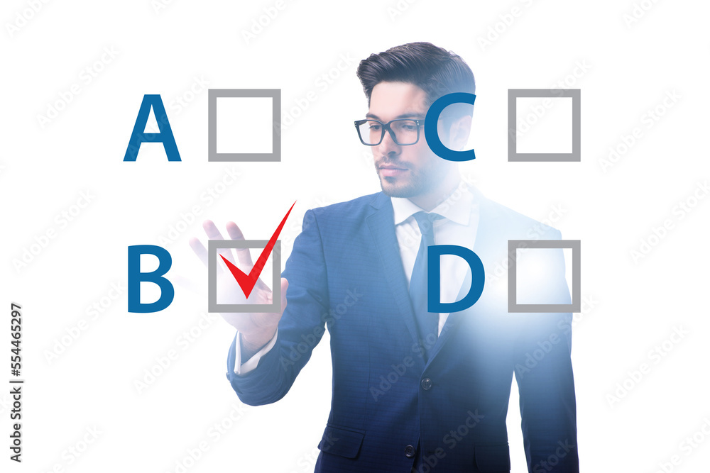 Multiple choice test question concept with business people Multiple choice test question concept with business people
