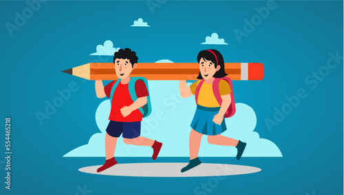 Boy and Girl Carrying Pencils with Begs Vector Illustration, Poster and Banner