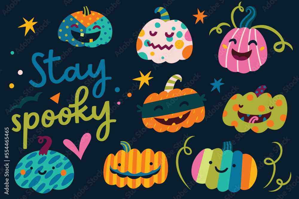 Stay spooky. Greeting card with 8 funny pumpkin faces in cartoon style