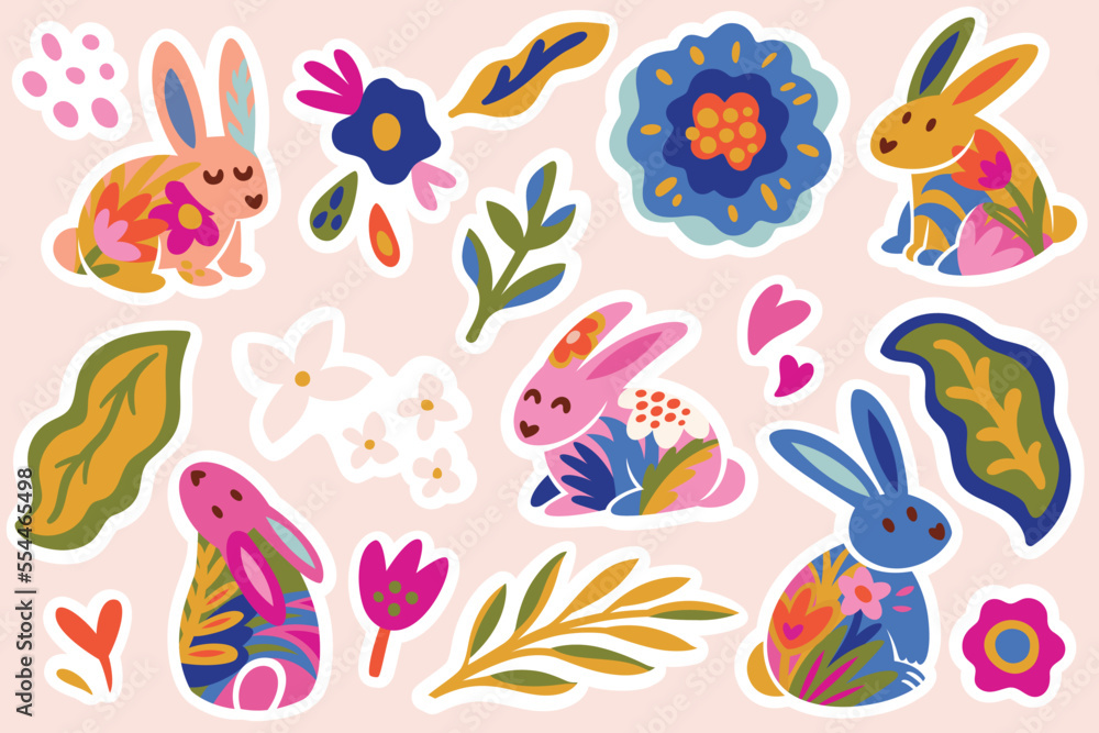 Big sticker set with adorable bunnies and floral elements in flat style. Lovely patches in vector