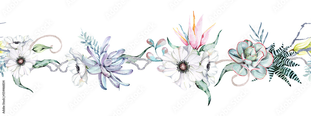 seamless flower border.Floral pattern with leaf and anemone.Seamless botanical floral rim, for cards, wedding or fabric.