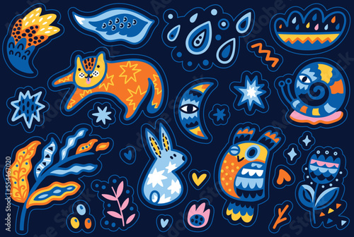 Sticker collection with fantasy animals and nature elements in the night.