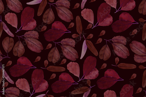 Watercolor seamless floral and bright pattern. The leaves are on a dark red background. The watercolor illustration. 