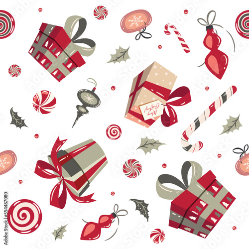 Christmas and Happy New Year seamless pattern with gift boxes on a blue background. Children s illustration in a funny cartoon style. Creative childish background for wallpaper, clothing, packaging.