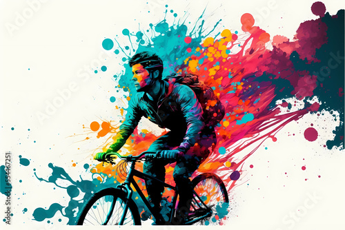 biker on a bike, color spleash, white background, illustration digital generative ai design art style
