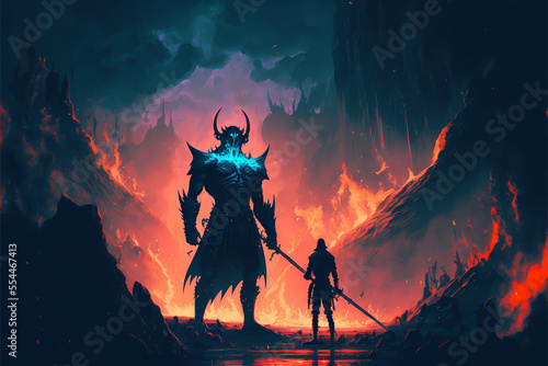 knight with a sword facing a god like lava demon devil in hell, epic gorgeous fight, digital illustration painting generative ai art style 