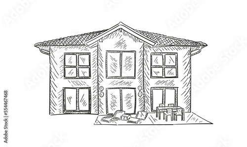 hand drawn village house isometric vector illustration