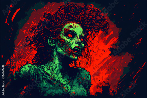 scary zombie woman, red black background, illustration art style 