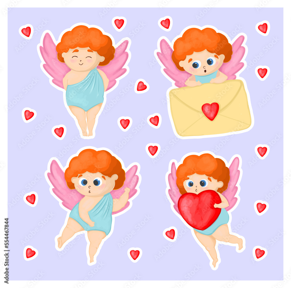 A set of stickers for Valentines Day. Cute cupid characters with arrows and hearts A set of stickers for Valentines Day. Cute cupid characters with arrows and hearts
