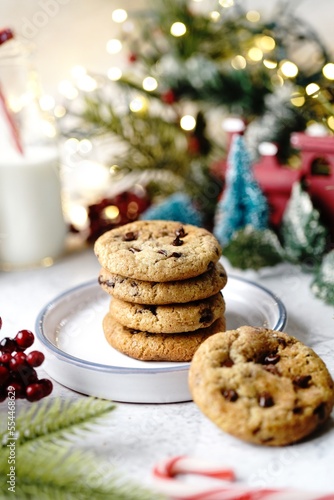 Homemade Chocolate chip cookies on festive holiday background, selective focus