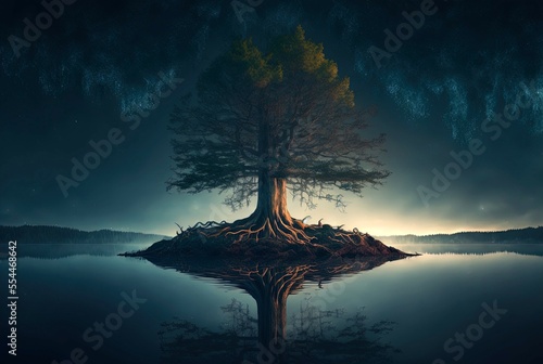 Mystical Tree in the middle of a Lake. Generative AI. 