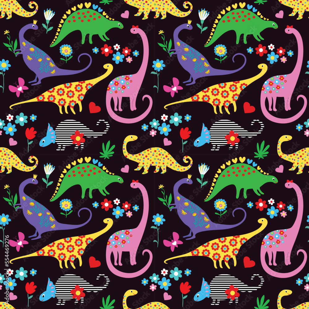 Cute Dinosaurs kids pattern for Girls and Boys Cartoon Cute Animals on Blue Creative seamless background hand drawn funny Pink Dino for textile and fabric design