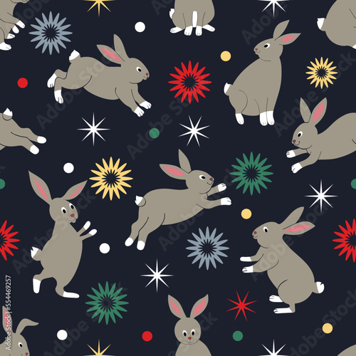 Christmas Cute Rabbits Fantasy Pattern Chinese New Year 2023 Zodiac sign on Children's Seamless Funny Background, Holiday Wallpaper for Babies and little Kids