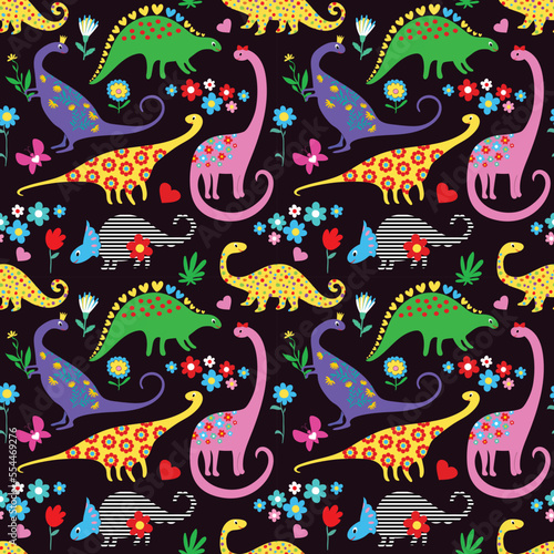 Cute Dinosaurs kids pattern for Girls and Boys Cartoon Cute Animals on Blue Creative seamless background hand drawn funny Pink Dino for textile and fabric design